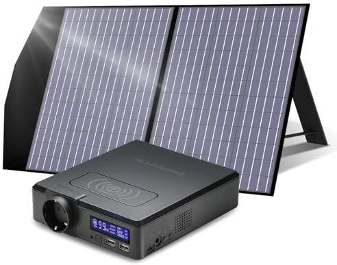 ALLPOWERS S200 Central eléctrica portátil de 200 W con panel solar SP027 de 100 W, enchufe de CA de 230 V, banco de energía, generador solar para camping, teléfonos móviles, ordenadores portátiles, em