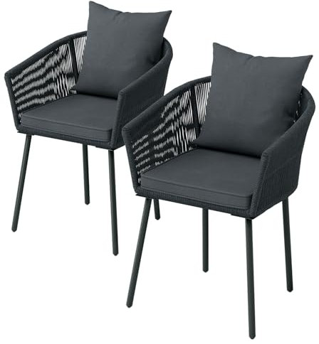 STEELSØN Gartenstuhl Nair 2er Set, Armlehnenstuhl aus Rattan, Balkonstuhl mit Sitzkissen, pulverbeschichtetes Stahlgestell, Dunkelgrau