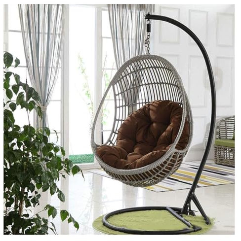 Rattan-Ei-Schaukelstuhl mit braunem Kissen für den Innen- und Außenbereich, stilvolle Gartenmöbel-Dekoration
