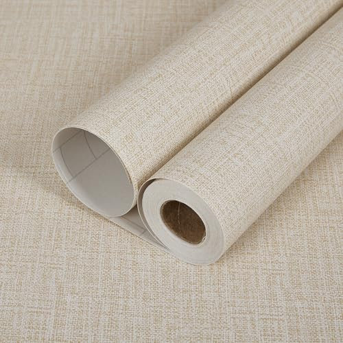 Warmiehomy Self Adhesive Wallpaper Sticky Back Plastic Roll Linen Texture Wallpaper 45cm x 1000cm Peel and Stick Wall Paper Beige Vinyl Wrap Contact Paper for Living Room Cupboard Furniture Stickers