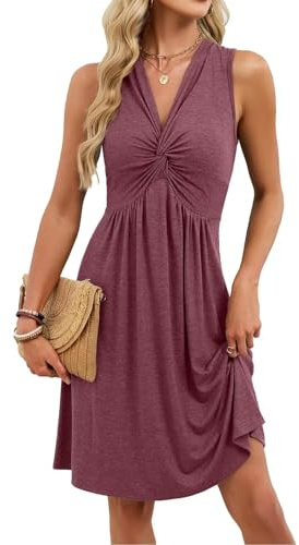 makabaky Sommerkleid Damen A-Linie Knielang V-Ausschnitt Strand H-Taille | Leichtes Freizeitkleid, Gedrehter Knoten, Figurbetont, Bauch Kaschierend,Party,Büro