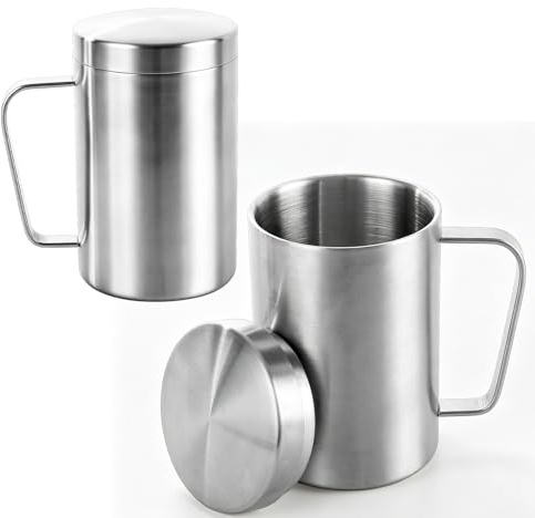 WeeGoo 2 Pcs 500ml Stainless Steel Mug with Lid, Silver | Double Wall Insulated Mug with Handle, Camping Cup for Coffee Tea Hot and Cold Drinks