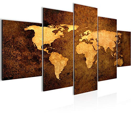 Runa Art Bild Büro Wohnzimmer Weltkarte 5 Teilig Vintage Antik Gold Wandbilder auf Vlies Leinwand 101753a