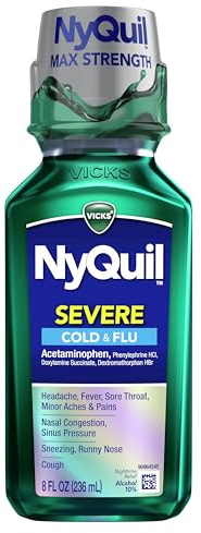 Vicks NyQuil SEVERE Cold and Flu Relief Liquid Medicine, Maximum Strength, 9-Symptom Nighttime Relief For Headache, Fever, Sore Throat, Nasal Congestion, Sinus Pressure, Runny Nose, Cough, 8 FL OZ