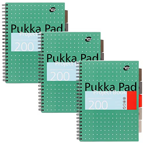 Pukka Pad, 5-Fächer-A4+-Projekt notizbuch im 3er-Pack mit verstellbaren Trennblätter – 200 Seiten aus 80gsm-Papier mit 8 mm Liniert und perforierten Kanten – Metallic-Grün – 29,7 x 23 cm