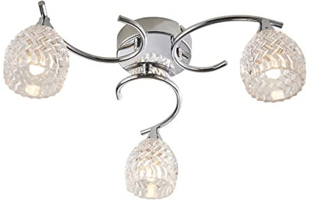 Reagan Decorative Silver Chrome Curved Arm Semi Flush Ceiling Light with 3 Patterned Cut Glass Shades
