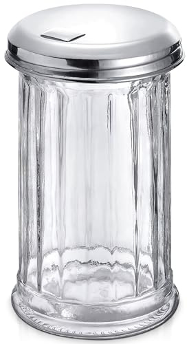 12 Oz Sugar Container for Coffee Bar – Glass Sugar Dispenser with Pour Spout and Stainless Steel Flip Lid, Durable & Classic Style Jar for Kitchen or Cafe – Suitable for Cinnamon & Seasoning Storage