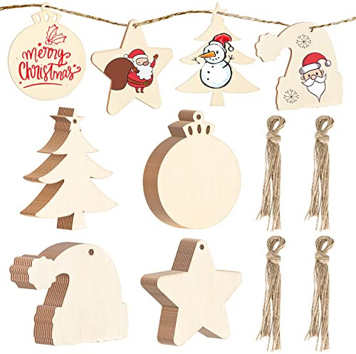 MELLIEX 40 Piezas Adornos de Madera de Colgantes de Navidad para DIY, Decoracion Colgantes de Madera con 40pcs Cordeles para Adornos de Navidad