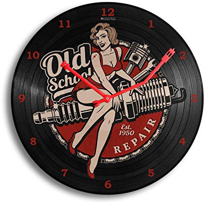 Kreative Feder Pin Up Girl Music Schallplatten-Uhr Retro Vinyl Designer Wanduhr leise ohne Ticken 30cm WSP029L (leises Quarzuhrwerk)