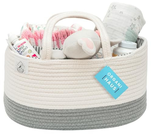 OrganiHaus Baby Organizer Korb, Aufbewahrungskorb für den Wickeltisch und das Kinderzimmer, Geschenke für Neugeborene & Baby Aufbewahrungskorb mit Fächern & Griffen, Grau/Weiß