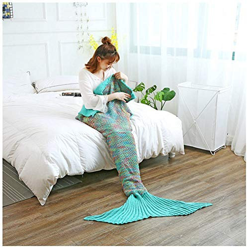 YOUCAI Meerjungfrau Decke für Mädchen Damen Warmes Wohnzimmer Sofa Decke Handgemacht Gestrickt Meerjungfrau-Schwanz-Decke Meerjungfrau Schlafsack Grün 180x90cm