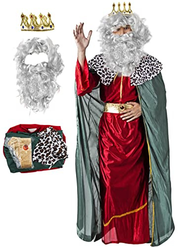 Gojoy shop- Disfraz de Rey Mago Baltasar, Caspar ó Melchor para Hombres Navidad Carnaval (Contiene Corona, Conjunto Peluca y Barba, Túnica, Capa, Cinturón y Mochila de Cuerdas) (Melchor)