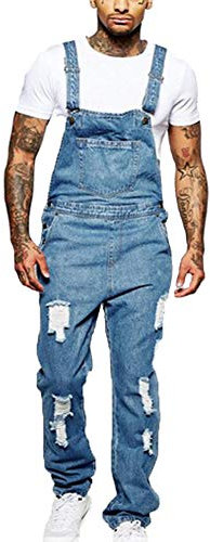 cffvdiz Salopette da Uomo in Denim Hole Pants,Blu,L