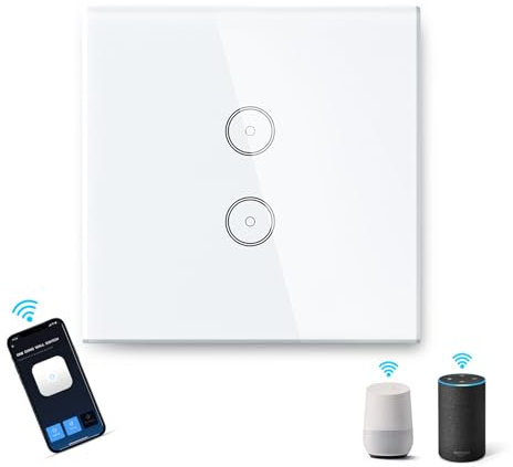 Aigostar - Interruttore a Parete WIFI con Pannello in Vetro Touch Screen a 2 Interruttore, Compatibile con ALEXA e GOOGLE HOME, controllo vocale e funzione Timer 1 Pezzi Color Bianco