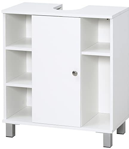 kleankin Mueble para Debajo del Lavabo Armario Baño de Suelo de Madera con 5 Compartimentos Abiertos y 1 Puerta Diseño Compacto Moderno 60x30x68 cm Blanco