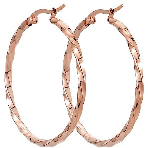 BONNYBIRD® Creolen Rosegold Groß Gedreht Edelstahl Damen Statement Ohrringe Goldene Frauen Kreolen Hoops 40mm Wasserfest Schmuck Vergoldet Hypoallergen Chirurgenstahl Medizinisch Nickelfrei Dünn Rund