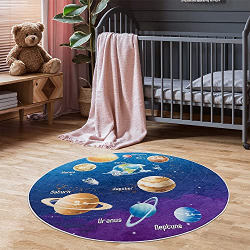 Pasha Home Kinderteppich 100 cm Rund Planet/Kinder Spielteppiche aus Polyester- & Flanellfasern/Teppiche fürs Kinderzimmer antirutsch & schmutzabweisend/waschbarer Spiele Teppich
