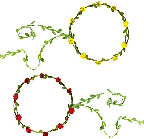 ELECLAND 2Pcs Flower Crown Headband Floral Hair Wreath Garland Leaf Ribbon Flower Headbands for Women Girls Wedding Festival Party Floral Crown Hair Headbands Accessories