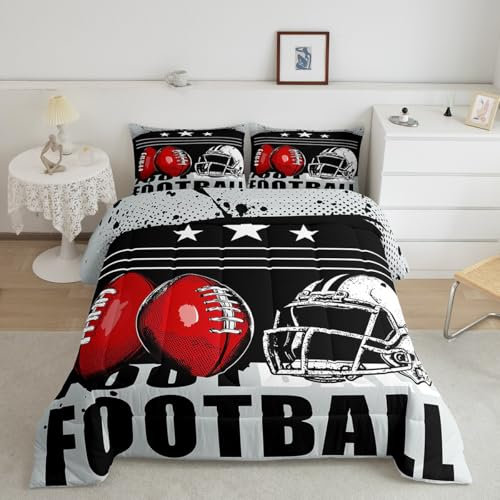 Feelyou Fußball-Bettwäsche-Set, Sport-Bettwäsche-Set, Fußball, Schwarz, Weiß, Rot, Bettdecken-Set für Jungen, Mädchen, Teenager, Dekoration, Amerika-Fußball-Druck, Bettwäsche-Set für King-Size-Betten