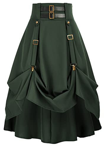 Gothic Rock Damen Knielang Unregelmäßiger Saum Faltenrock Steampunk A-Linie Röcke Armeegrün L