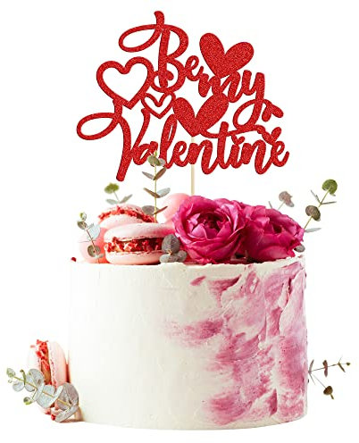 1Pcs Be My Valentine Cake Topper with Heart Glitter Sweet Love Valentine's Day Cake Picks Happy Valentine's Day Wedding Bridal Shower Birthday Party Cake Decorations Supplies Red