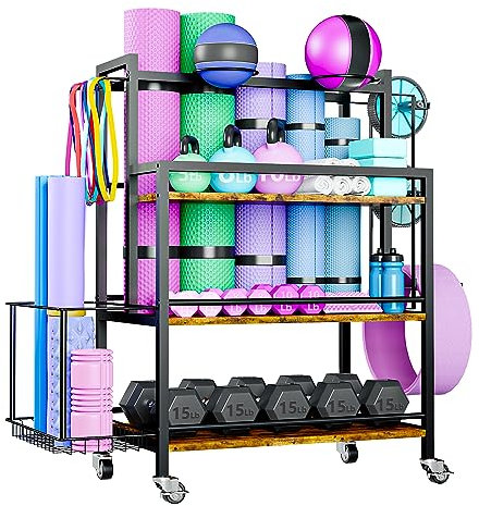 EasyCom Home Gym Storage Large Capacity Rack for Hanteln, Kettlebells Foam Roller, Yoga Mat Strap and Resistance Bands, Exercise/Workout Equipment Storage Gym Organizer With Hooks and Wheels(2023