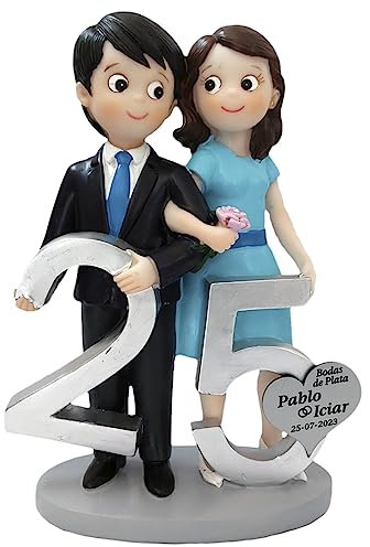 7laser Figura de Novios 25 Aniversario de Boda, GRABADA, Personalizada con Placa con el Nombre y la Fecha del Evento grabada, Bodas de Plata, para el Pastel, Tarta, Regalo