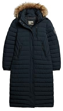 Superdry Damen Lang geschnittener Fuji Steppmantel mit Kapuze Nordisch Chrom Marineblau 36