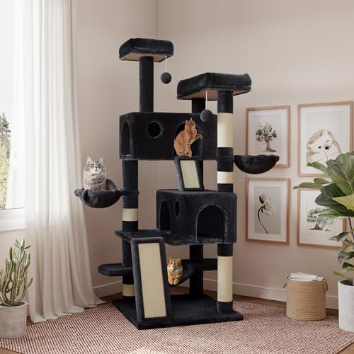 SHA CERLIN 165,1 cm größerer Kratzbaum für Indoor-Katzen, mehrstufiges Möbel-Aktivitätszentrum mit breiter Basis, gemütliche Plüsch-Katzen-Sitzstangen, Körbe, Sisal-Kratzbäume und Hängematte,