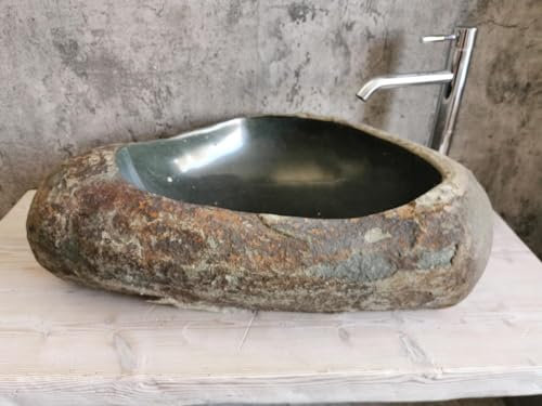 Naturstein Aufsatzwaschbecken 54 x 50 x 16–19 cm – Rustikales Waschbecken aus rauem Naturstein – Großes Steinwaschbecken mit verbessertem Ablauf