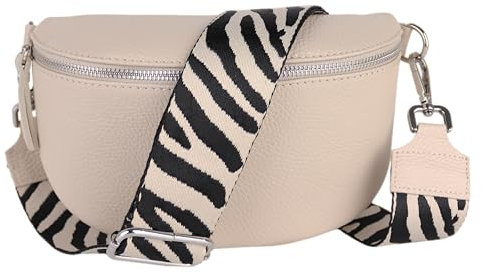 MIRROSI® Bauchtasche Damen, Echtleder, Made in Italy, Umhängetasche, Brusttasche, Crossbody Bag (1 Tasche & 2 Gurte) (Beige (Zebra Beige Schwarz), Kleine Tasche (22x13x6cm))