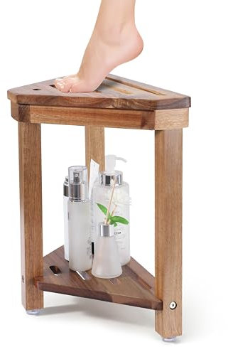Repose-pieds de douche 35,6 cm en bois d'acacia pour le rasage des jambes, tabouret de douche d'angle imperméable avec étagère de rangement ou petits espaces de douche