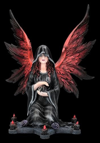 Figuren Shop GmbH Gothic Engel Figur mit Kristallkugel und Pentagramm - 24 cm, Lila Rosen, Kerzen, Schwarze Robe, Elfe Deko