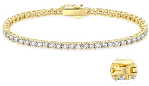KRKC&CO Tennisarmband Silber 925 für Damen, 3mm Tennis Armband 14K Gold beschichtet, Zirkonia Kristall Armband Iced Out, Geburtstag Geschenk für Frauen Mädchen [Größe 20,3cm]