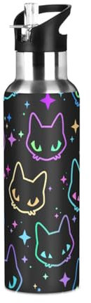Bouteille d'eau de 963,9 g avec paille - Têtes de chat colorées - Bouteille d'eau en acier inoxydable pour les voyages et les sports - Bouteille d'eau isotherme anti-fuite