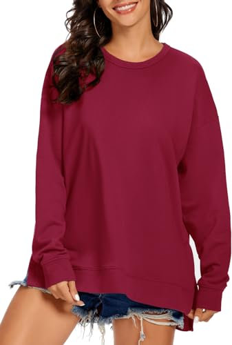 APEIYU Casual Long Sleeve Tops for Womens Sweatshirts Loose Side Split High Low Batwing Pullover Tunic Tops Tees Wine Red L