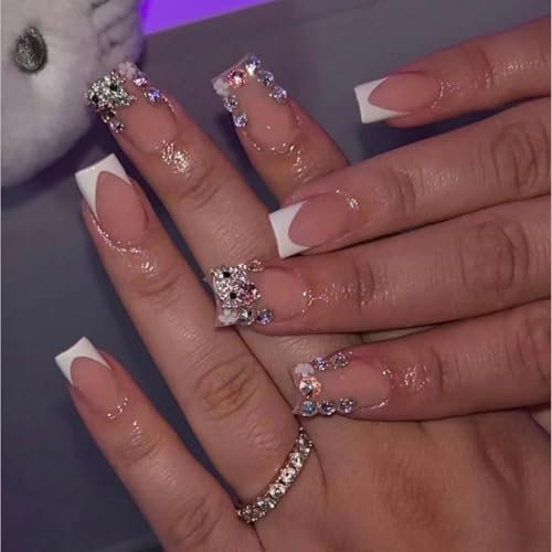 MouyouGlow Press on Nails Middle Lang,Square Rosa Weiß 3D Kitty Carton French Cute Kawaii Blume Diamant Y2K Coquette Fake Nails Kunstnägel mit Nagelkleber,Sweet Künstliche Fingernägel