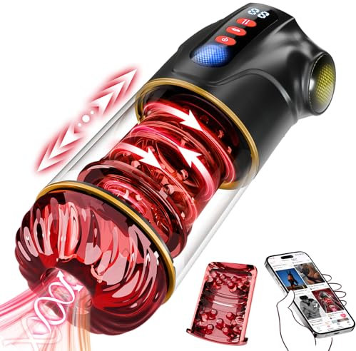 Masturbieren für Männer Sex Spielzeug für die Männer - 3 in 1 APP Masturbator 9 Teleskopfunktion & Rotierend & Saugen mit LCD-Display Blowjob Taschenmuschi Sex Toyset für Man Penispumpe Rot - Schwarz