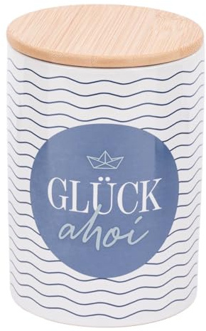 La Vida Vorratsdose Porzellan Bambusdeckel Glück AHOI blau weiß11x16cm