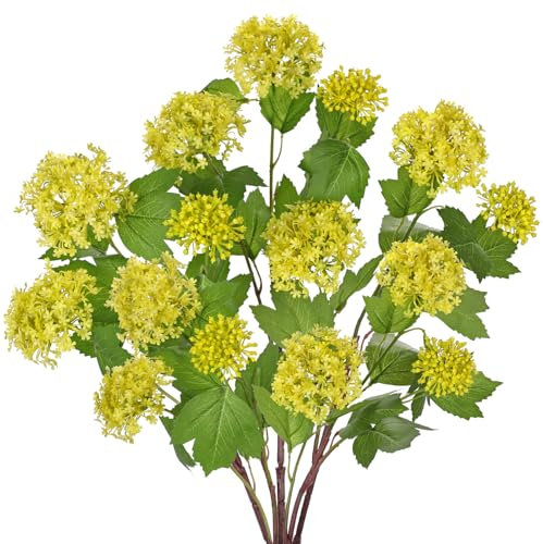 Oairse Lot de 5 bouquets de fleurs d'hortensia artificielles jaunes de 61 cm avec 3 têtes de fleurs artificielles pour arrangement floral, vase de maison, mariage, centre de table