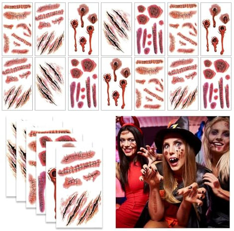 Halloween Tattoos - 20 Sheets Scars and Wounds, Fake Blood, Zombie Makeup Kit, Vampire Bite Marks, Costume Supplies for Women and Men