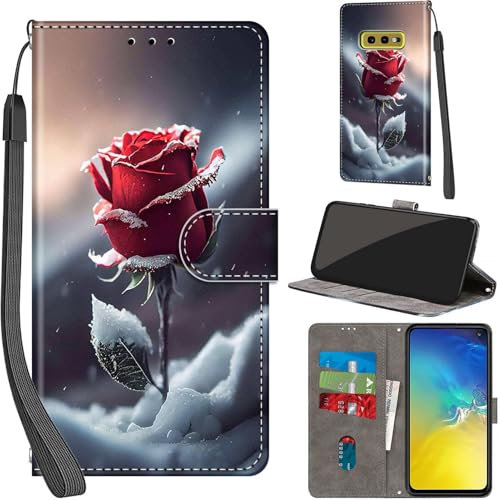 Handyhülle für Samsung Galaxy S10e Hülle PU Leder Schutzhülle Klappbar mit Kartenfach Ständer Handytasche mit Kameraschutz Flip Case Klapphülle für Samsung S10e, Rosen