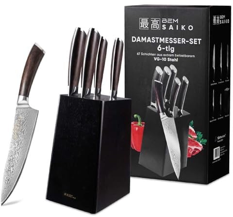 BEM Saiko 6-tlg. Damastmesser Damast Japanisches Küchenmesser Knife Set aus VG-10 Stahl, Messerblock mit Damaskus Messer inkl. Kochmesser, Gemüsemesser, Allzweckmesser, Brotmesser, Tranchiermesser