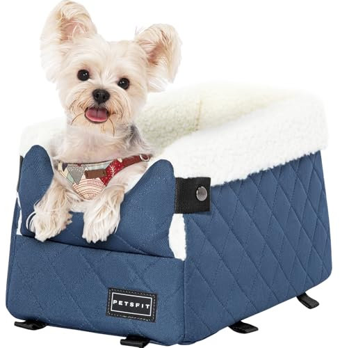 PETSFIT Hundesitz Mittelkonsole Auto, Hunde Autositz für kleine Hunde mit verbesserten Sicherheitsgurten, waschbarem, dickem Kissen, Blau