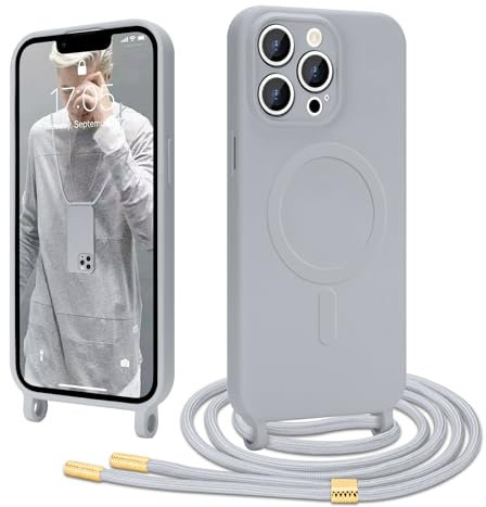 Ethanger Coque Magnétique pour iPhone 13 Pro Max avec Cordon de Collier Réglable Housse de Protection Compatible avec MagSafe en Silicone TPU Etui Case Ultra Fine pour iPhone 13 Pro Max Gris