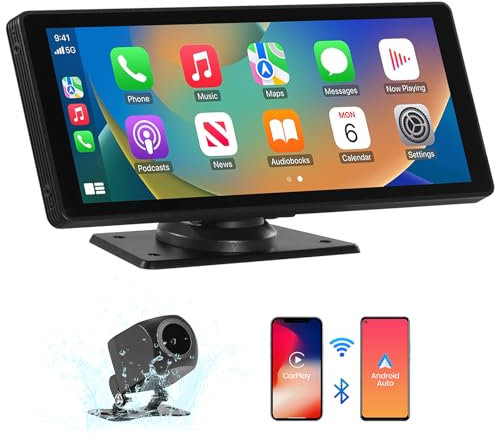 Pantalla de Coche con CarPlay y Android Auto Inalámbricos, Pantalla Portátil CarPlay de 10.26 Pulgadas con Cámara Trasera 720P, Compatible con Bluetooth, Airplay/Mirror Link, Siri/Google, GPS, FM, AUX