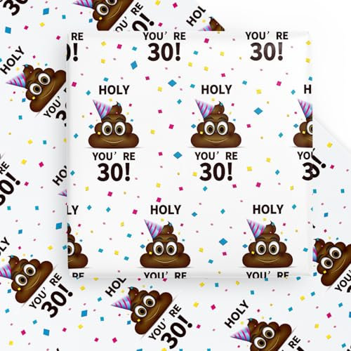 WRAPAHOLIC Lustiges Geschenkpapier zum 30. Geburtstag, 6 Bögen, Motiv: Holy Shit You're 30, flach gefaltet, für Geburtstag, Party, Streich – 50 x 70 cm pro Bogen