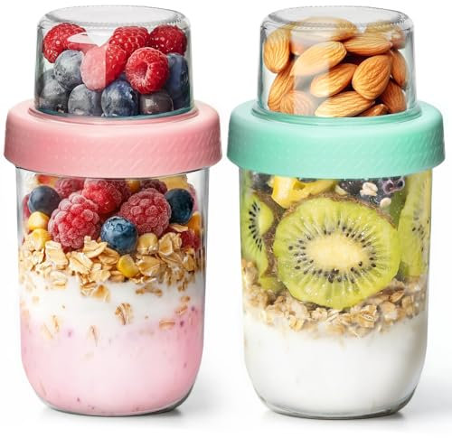 ComSaf 480mL Overnight Oats Jar with Lids, 2 Pack Glass Jars with Lids for Dry-Wet Separation, 16oz Overnight Oats Container, Yoghurt Pots for Granola Fruit Nut Cereal, Breakfast Pots for Meal Prep