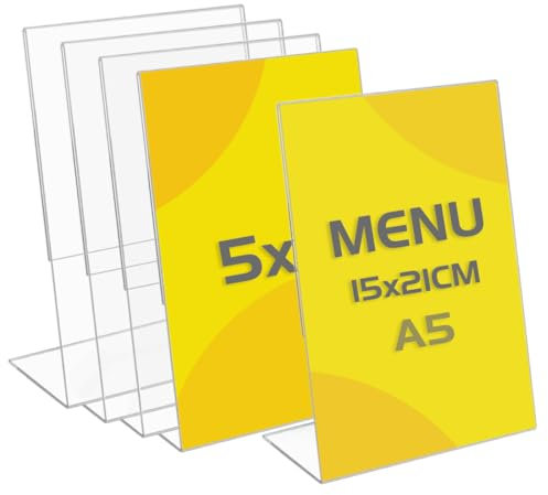 TAPKUA Tischaufsteller A5, 5er Pack Transparenter Acryl Tischständer L-Form Aufsteller für Büro, Restaurant, Geschäft, Hotel, Theke (5 Stück - A5)