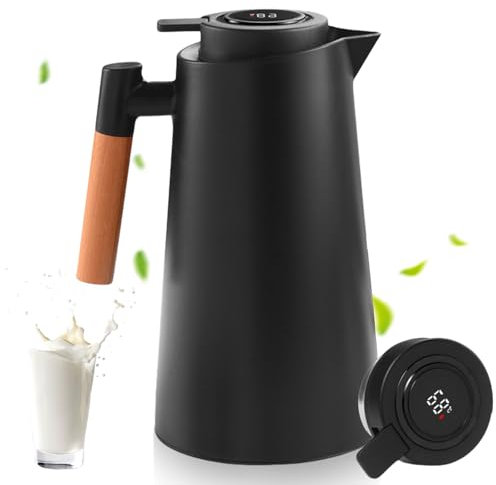Termo, jarra térmica, doble pared, aislamiento al vacío, tetera con mango de aspecto de madera, jarra caliente para té, agua, bebidas, (negro, 1 L)